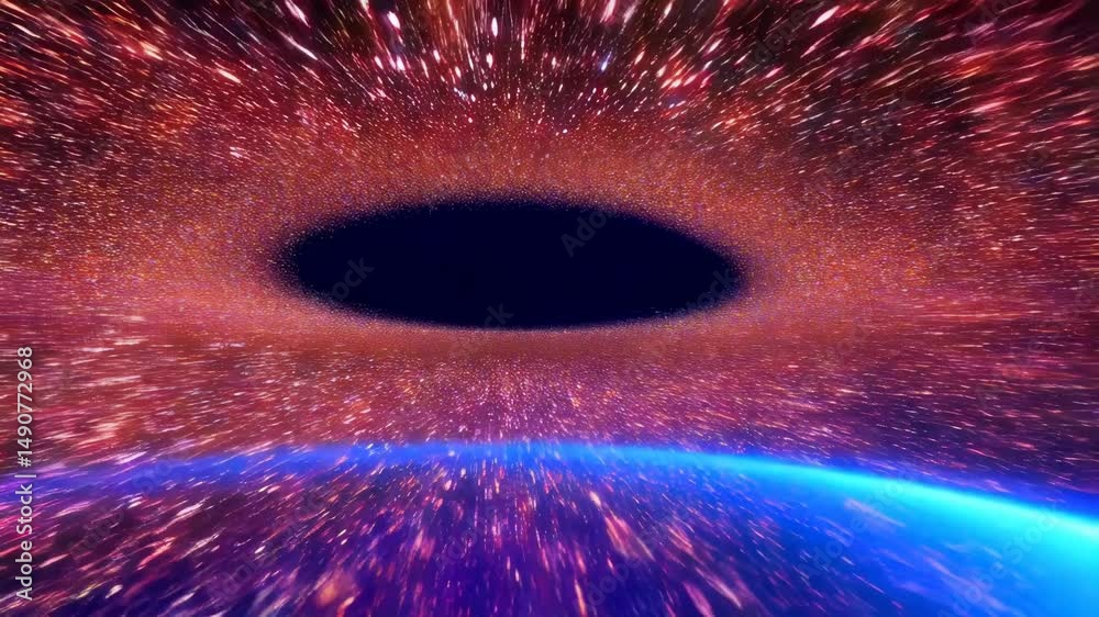 Vivid space warp animation shows acceleration through light speed stargate, cosmic travel portal with particles, deep exploration concept and future technology