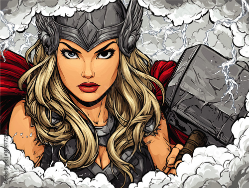 Powerful Female Warrior Goddess Holding Mighty Hammer Surrounded by Storm Clouds and Lightning Vector Illustration Superhero Fantasy Comic Style Art Image