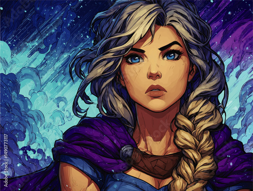 Beautiful Fantasy Warrior Woman with Blue Eyes and Long Braided Blonde Hair Wearing Purple Cloak Against Cosmic Sky Magic Vector Illustration Graphic Design