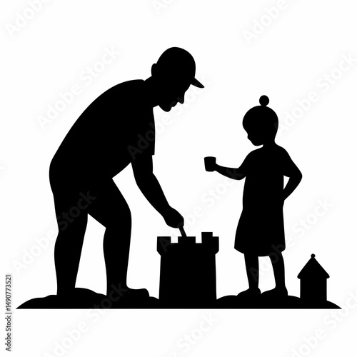 Father and Child Building Sandcastle Silhouette on White Background
