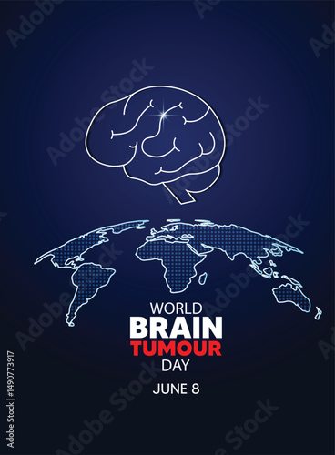 World Brain Tumour Day 8 June glowing brain on world map vector poster