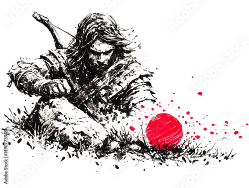 Detailed Vector Illustration of Warrior Archer Drawing Bow with Dynamic Ink Splatter Effect in Black and White Sketch Style with Vibrant Red Artistic Accent Circle