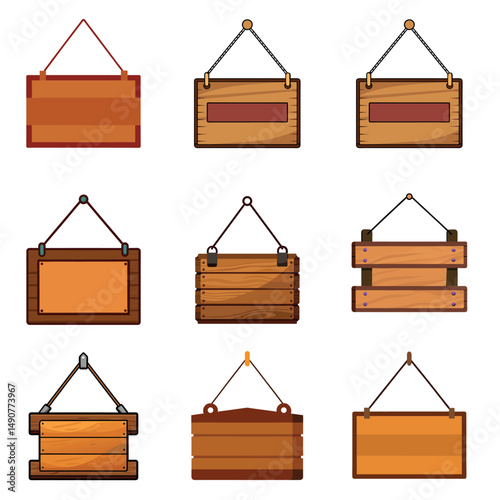 A set of blank wooden signboards, a wooden sign and a set of wooden signs are vintage brown planks hanging by rope, perfect as a texture banner or empty notice board