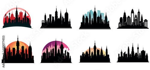 Vector illustration: new york, toronto cityscape silhouette with abstract grunge bannersvector illustration of a set of grunge banners,Hong Kong's city skyline and London's urban cityscape 