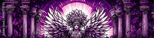 Mystical Fantasy Goddess with Majestic Angel Wings Surrounded by Ancient Columns and Lush Foliage in Magical Purple Vector Illustration for Mythical Art Lovers Online