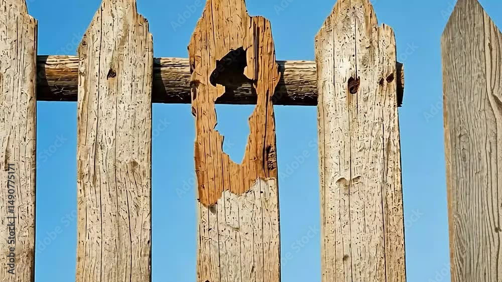 Weathered wooden fence with a broken slat against a clear blue sky Weathered wooden fence with a broken slat against a clear blue sky