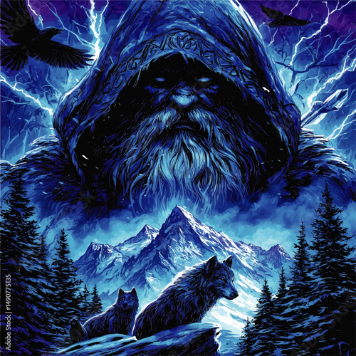 Mystical Fantasy Vector Art Featuring Powerful Wizard with Glowing Eyes in Robe Surrounded by Wolves Ravens Lightning Majestic Mountains and Dark Forest Landscape