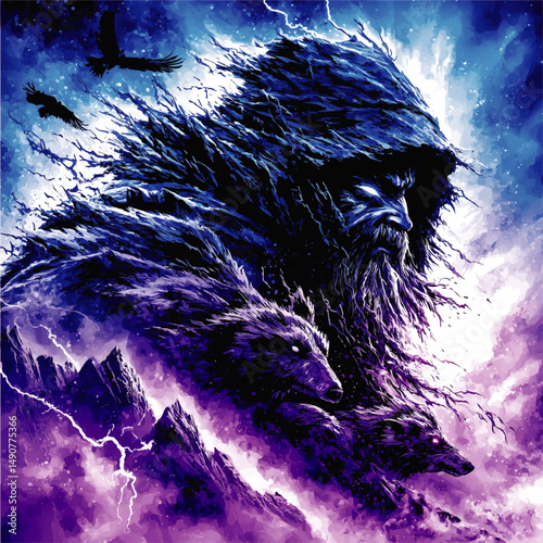 Mystical Fantasy Vector Illustration with Powerful Wizard Shaman Wolves Ravens Lightning Ethereal Mountains Magical Purple Blue Sky Abstract Spiritual Dark Scene Art