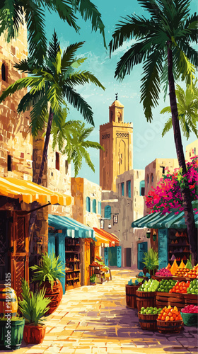 Exotic Middle Eastern Market Scene Colorful Vector Illustration Featuring Fresh Fruit Stands Palms Ancient Architecture Beautiful Sky Lanterns Flowers Vintage Shops