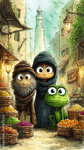 Enchanting Fantasy Vector Scene with Cute Cartoon Characters and Frog in Lively Medieval Market Featuring Tower Lanterns Baskets Fruits and Ancient City Architecture