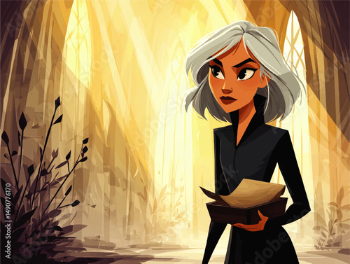 Captivating vector illustration of mysterious silver haired woman holding ancient papers in enchanted sunlit forest background fantasy digital artwork concept scene