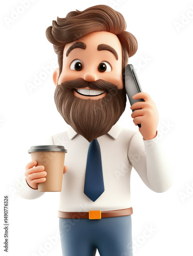 Cheerful Businessman with Coffee and Smartphone in Casual Attire isolated on transparent background.