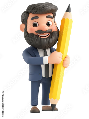Happy Cartoon Character in Suit Holding Giant Yellow Pencil isolated on transparent background.