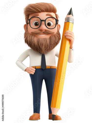 Cheerful cartoon character with pencil and glasses in a professional outfit isolated on transparent background.