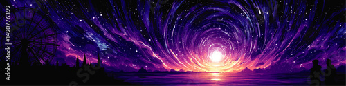 Stunning cosmic night sky vector illustration featuring luminous spiral galaxy sunset over ocean with vibrant stars ferris wheel silhouettes and cityscape scenery