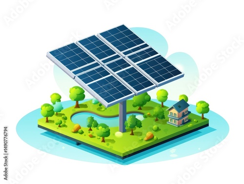 Vibrant Solar Panel Installation on Green Landscape with House