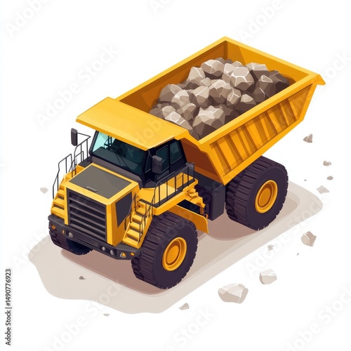 Yellow Dump Truck Carrying Heavy Rocks in Construction Site