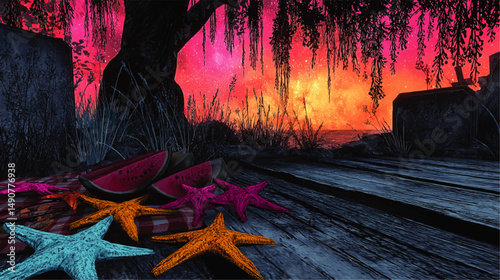 Surreal Beach Scene Sunset with Vibrant Starfish and Juicy Watermelon at Dusk Artistic Vector Illustration Featuring Twilight Skies Wooden Path and Tombstones
