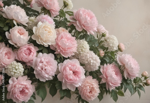 Muted pastel vintage floral wall, delicate pink roses, peonies, hydrangeas, peonies, artificial