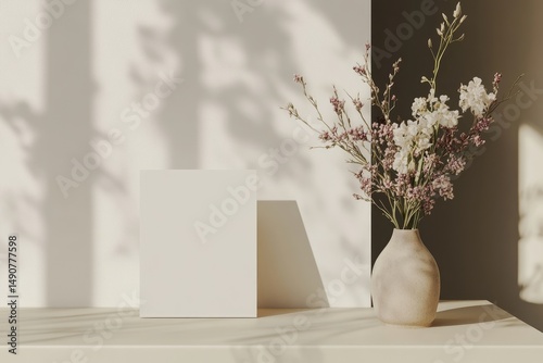 Minimalist scene a blank square card sits beside a beige vase holding delicate dried flowers, bathed in soft sunlight casting leaf shadows on a pale wall