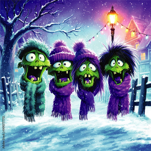 Funny Cartoon Monsters Wearing Cozy Scarves and Winter Hats Joyfully Singing Together on a Beautiful Snowy Night with Colorful Lights and Holiday Winter Theme Background