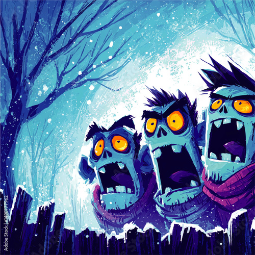 Terrifying Cartoon Zombie Creatures in Winter Night Haunted Scenery with Snowy Trees Spooky Monster Illustration Vector Graphic for Halloween Designs and Backgrounds