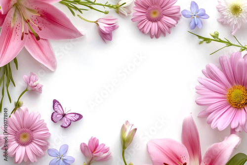 Floral Arrangement Featuring Pink Lilies Gerberas and a Butterfly Set Against White Background
