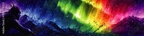 Epic Vector Illustration of Viking Warrior Under Vivid Northern Lights Aurora Borealis Over Snow Mountains Fantasy Adventure Scenic Landscape Digital Painting Art