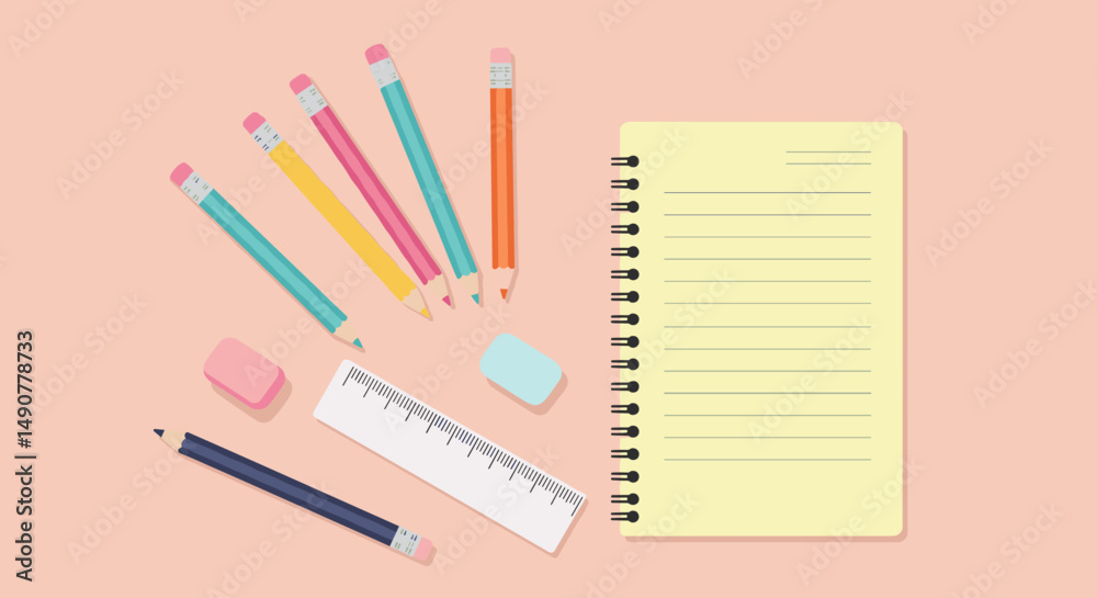 Colorful stationery on a pink background with spiral notebook and tools,banner back to school Colorful stationery on a pink background with spiral notebook and tools,banner back to school