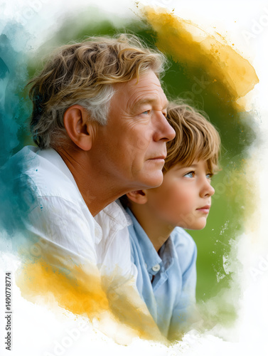 Portrait Of Grandfather And Grandson Looking Away With Soft Light And Brushstroke Effect