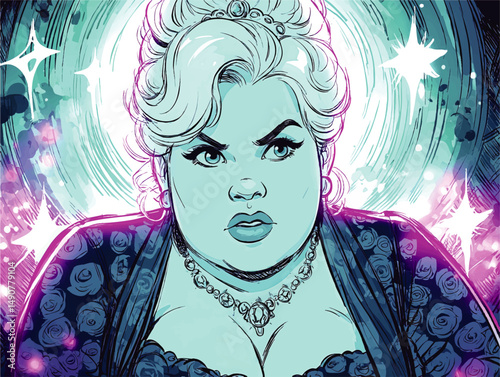 Vector Illustration of Elegant Plus Size Woman in Blue Floral Dress with Sparkling Background and Jewelry Drawing Style Beautiful Feminine Comic Art Digital Portrait
