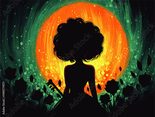 Captivating Vector Art with Silhouette of Girl Holding Key Against Vibrant Orange Moon and Floral Background Featuring Whimsical Fantasy Nature and Dramatic Contrast