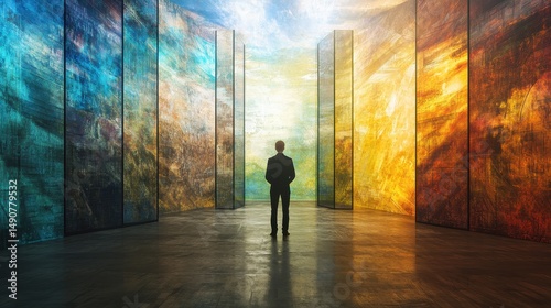 A Man Stands Before Mystical Portals Leading to Different Worlds Representing Choices and Opportunities in Life's Journey