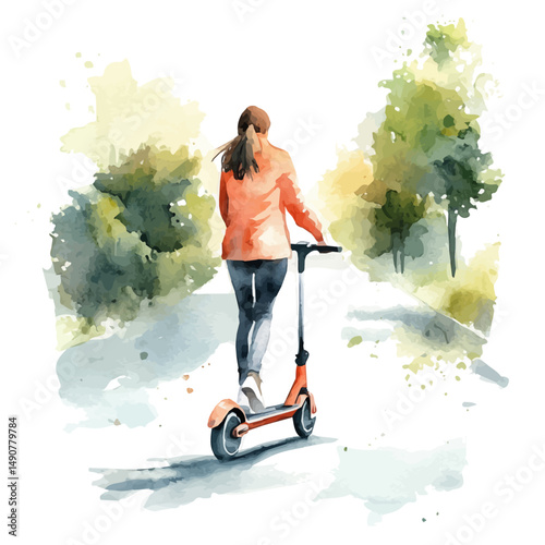 Motorized Scooter Racing Through A Park, watercolor painting vector, high quality, isolated on a white background.