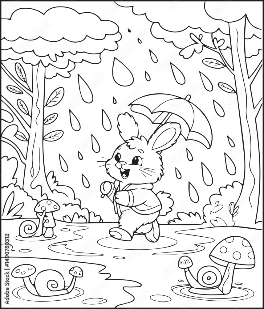 Fototapeta premium Rainy day beautiful scenery cute bunny with umbrella coloring page for kids, line art vector illustration for children's activity book design