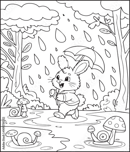 Rainy day beautiful scenery cute bunny with umbrella coloring page for kids, line art vector illustration for children's activity book design