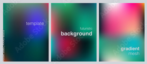 Set of three futuristic vector templates featuring vibrant gradient mesh backgrounds in smooth, colorful blends. Perfect for modern designs, posters, or web graphics.