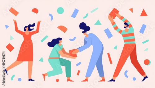 Colorful geometric art with four abstract figures engaged in dynamic motion. 