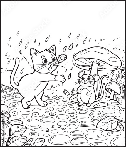 Rainy day beautiful scenery coloring page for kids, line art vector illustration for children's activity book design