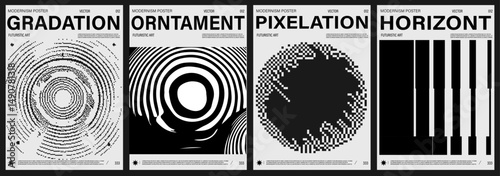 Modern vector posters with bold black and white geometric patterns exemplify a minimalistic, futuristic aesthetic. The series reflects today’s popular trend of neo-modernist and pixel art design.