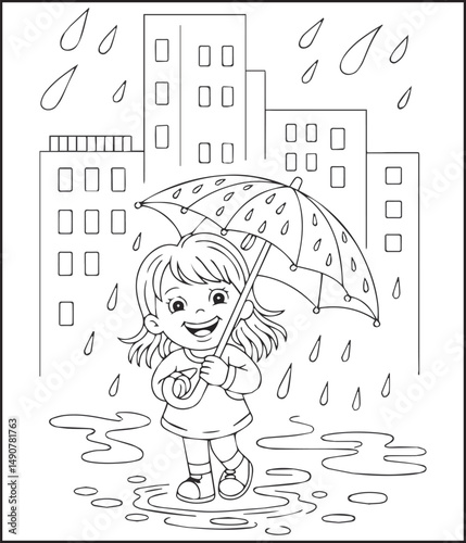 Rainy day beautiful scenery cute girl with umbrella coloring page for kids, line art vector illustration for children's activity book design