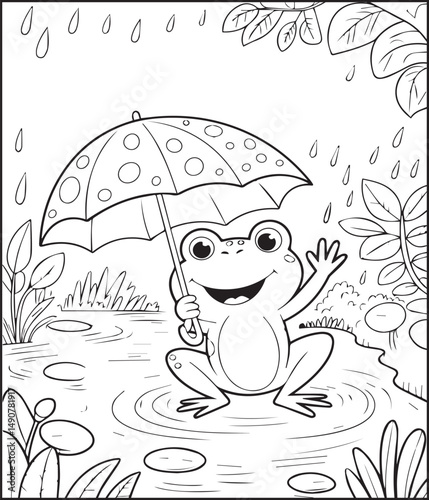 Rainy day beautiful scenery cute frog with umbrella coloring page for kids, line art vector illustration for children's activity book design