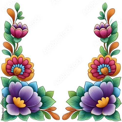 Vibrant Floral Corner Design Pink, Purple, Yellow Flowers and Green Leaves on White