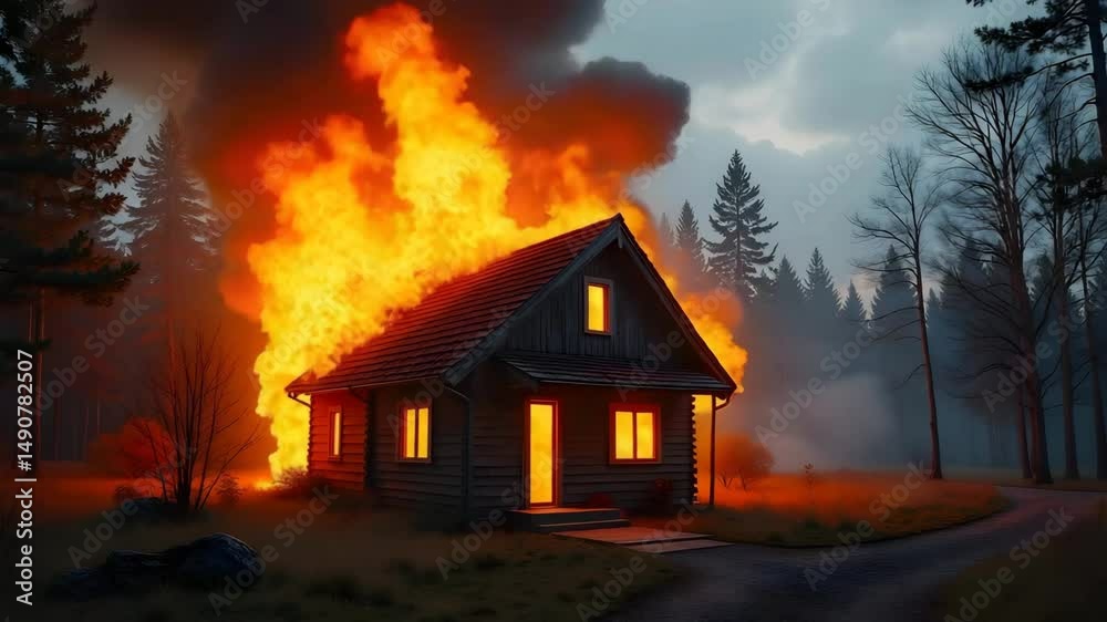 Burning house engulfed in flames, burning in forest at night, for disaster insurance ads Burning house engulfed in flames, burning in forest at night, for disaster insurance ads