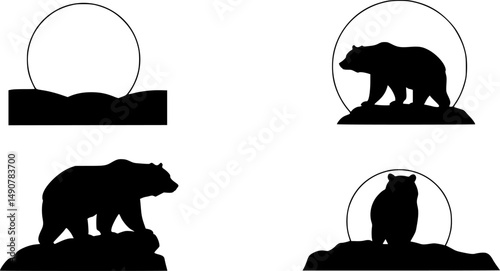 Vector silhouette of a bear on a hill on the background of the moon. Symbol of night and wild animal.
