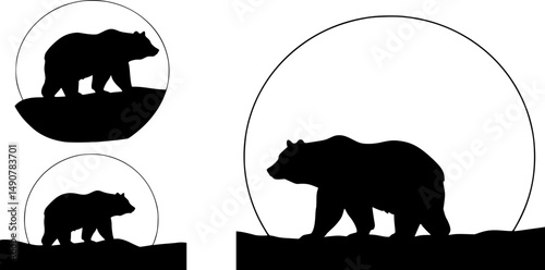 Vector silhouette of a bear on a hill on the background of the moon. Symbol of night and wild animal.
