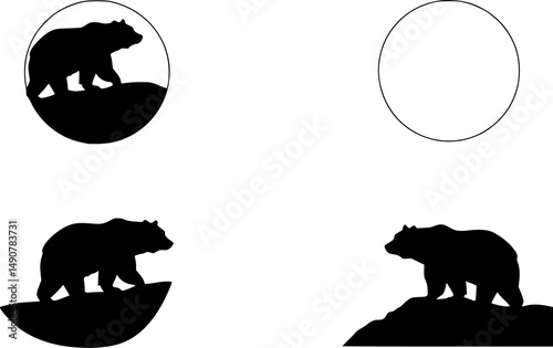 Vector silhouette of a bear on a hill on the background of the moon. Symbol of night and wild animal.

