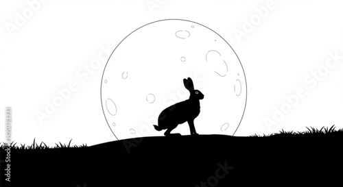 Vector silhouette of a hare on a hill on the background of the moon. Symbol of night and wild animal.
