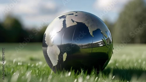 Globe resting on green grass under a clear sky, showcasing intricate world map details and a tranquil outdoor setting