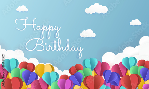 Photography Paper art of happy birthday calligraphy hand lettering with colorful love paper